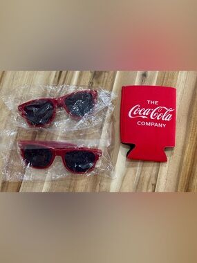 Coca Cola Swag! Red Sunglasses and Branded Can Cooler